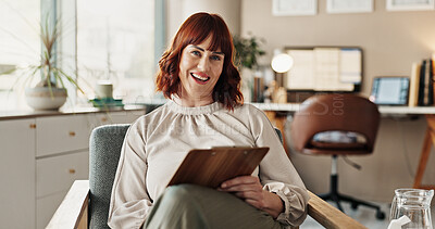 Buy stock photo Woman, therapist portrait and clipboard for counselling, help and checklist for support in office. Psychologist, healthcare and happy for advice, listen or empathy for mental health consultation