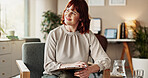 Psychology, woman and psychologist thinking in office with clipboard for mental health support or assistance. Doctor, person or smile in therapy with listening, feedback notes and help with psychosis