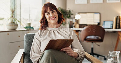 Buy stock photo Woman, therapist portrait and checklist for counselling, help and clipboard for support in office. Psychologist, healthcare and happy for advice, listen or empathy for mental health consultation