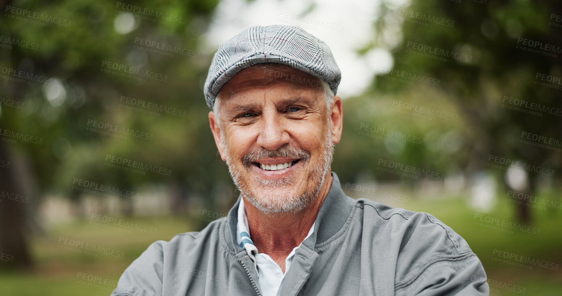 Buy stock photo Park, senior man and happy on portrait with walk routine on break, retirement and pension in Germany. Male person, pensioner and smile or satisfied on confidence outdoor for exploring, peace and clam