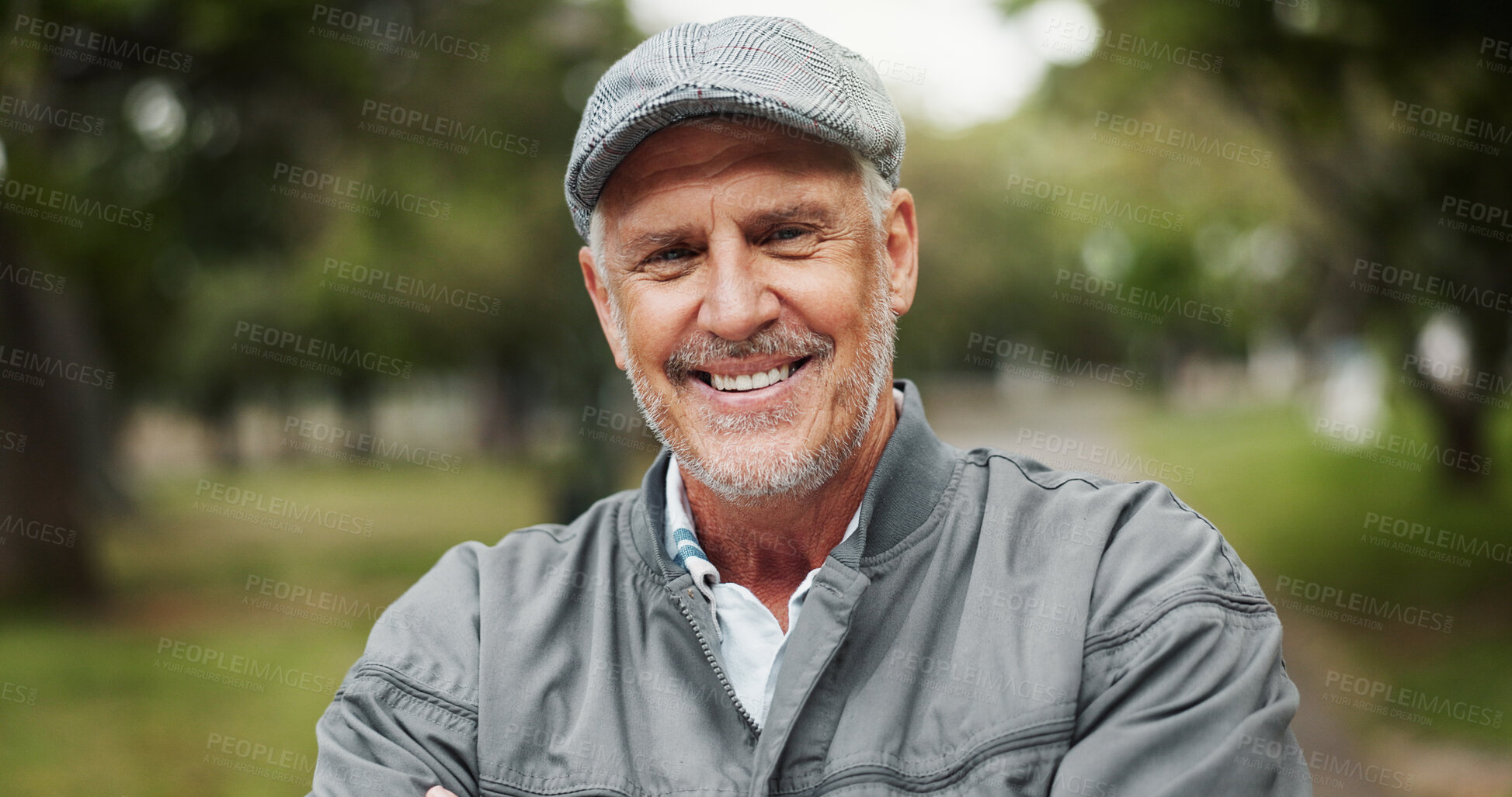 Buy stock photo Park, senior man and smile on portrait with routine on break, retirement and pension in Germany. Male person, pensioner and happy or satisfied on confidence outdoor for exploring, peace and calm