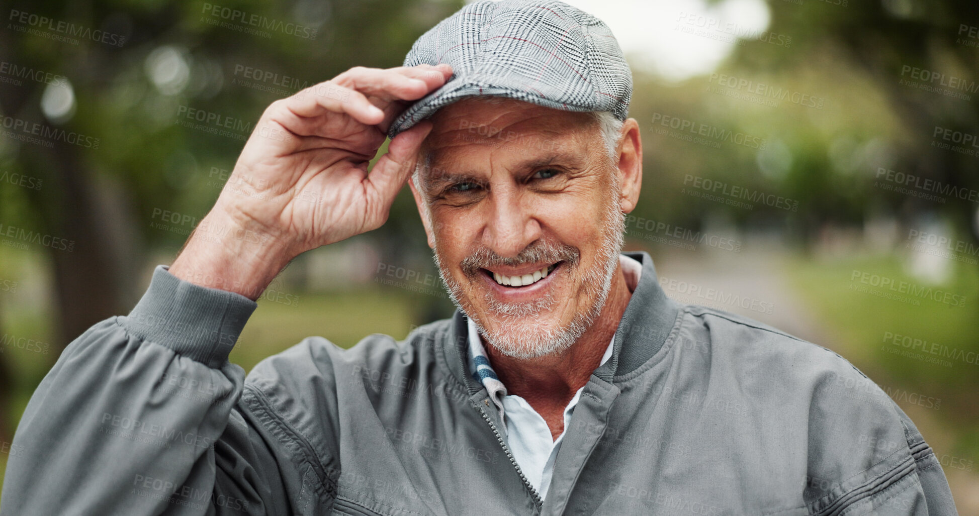 Buy stock photo Elderly man, portrait and hat with park for welcome, greeting and polite manners with smile. Senior person, happy and outdoor for hello with tipping cap, friendly attitude and retirement in Australia