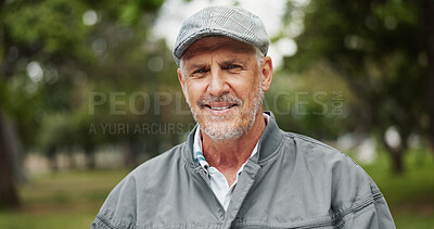 Buy stock photo Outdoor, senior man and smile on portrait with routine on break, retirement and pension in Germany. Male person, pensioner and happy or satisfied in confidence for exploring, peace and calm