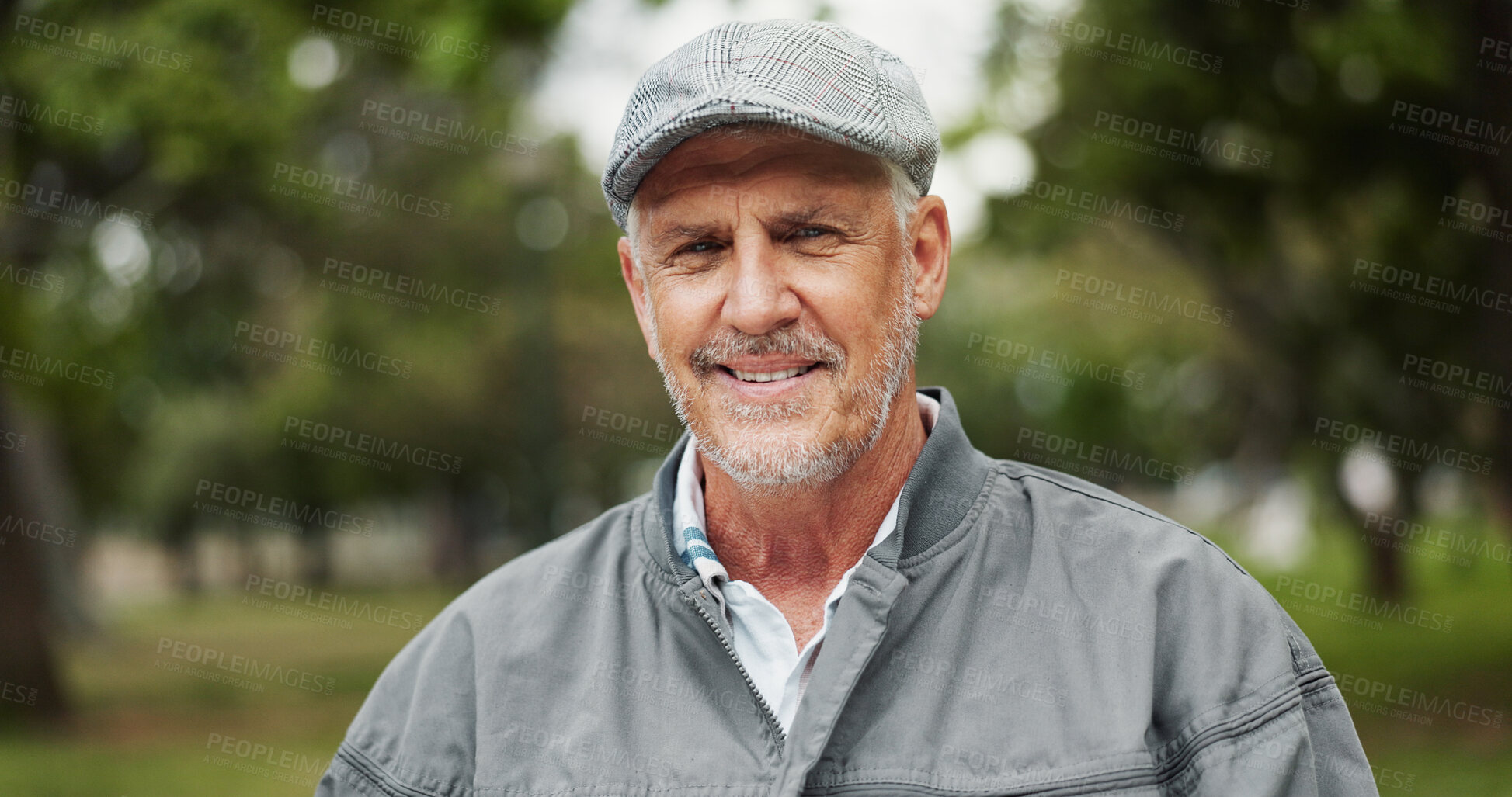 Buy stock photo Outdoor, senior man and smile on portrait with routine on break, retirement and pension in Germany. Male person, pensioner and happy or satisfied in confidence for exploring, peace and calm