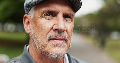 Buy stock photo Outdoor, mature man and thinking in closeup for vacation, travel holiday and adventure with memory. Serious, male person and thoughtful in zoom for nostalgic moment, remember past and retirement idea