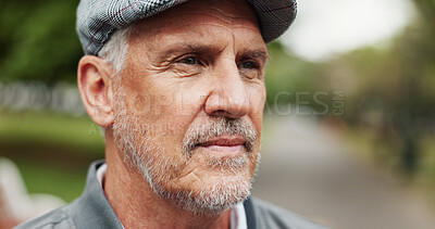 Buy stock photo Outdoor, mature man and ideas in closeup for vacation, travel holiday or adventure with memory. Thinking, male person or face with thoughts for nostalgic moment, remember past or retirement in nature