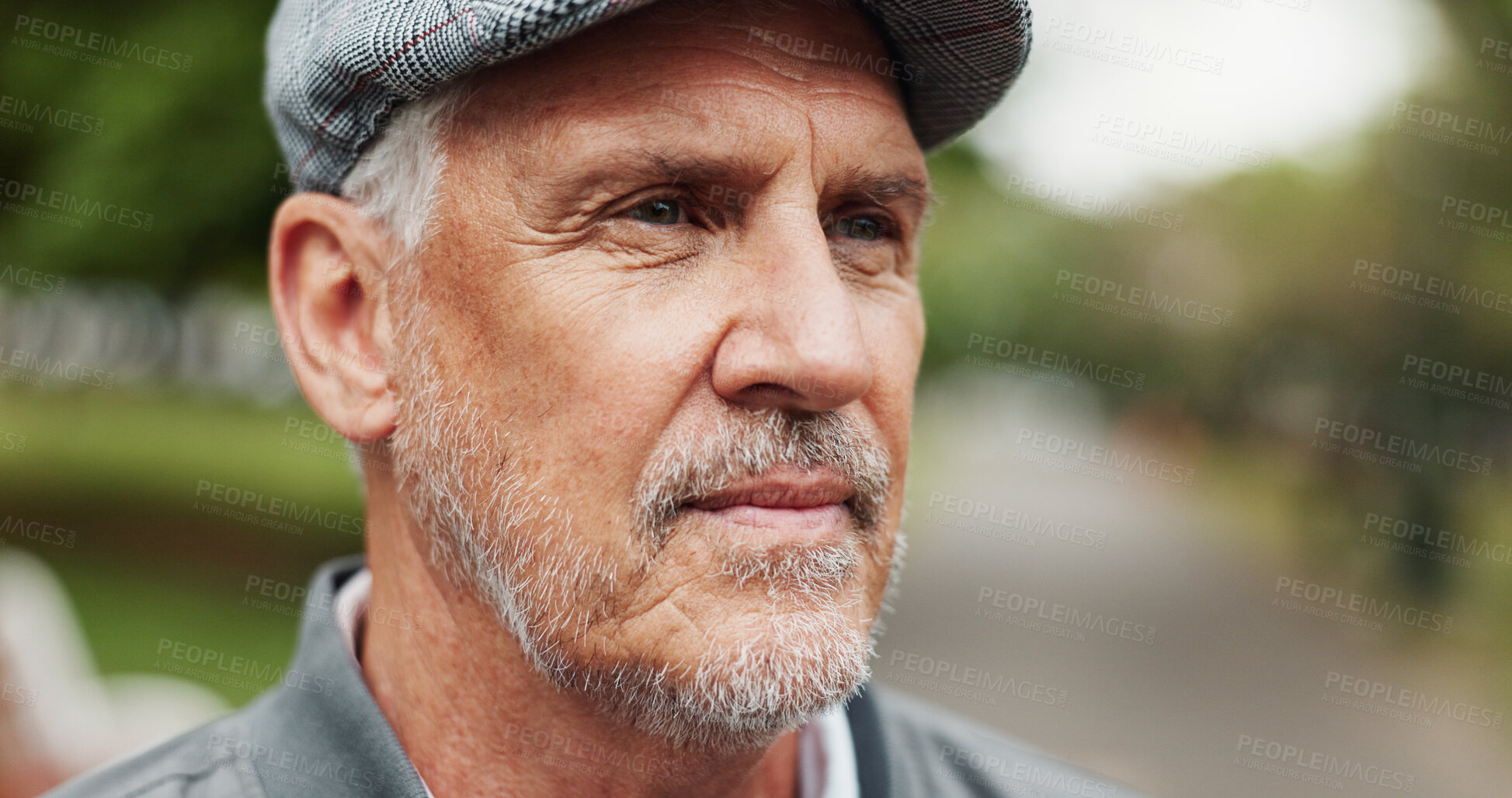 Buy stock photo Outdoor, mature man and ideas in closeup for vacation, travel holiday or adventure with memory. Thinking, male person or face with thoughts for nostalgic moment, remember past or retirement in nature