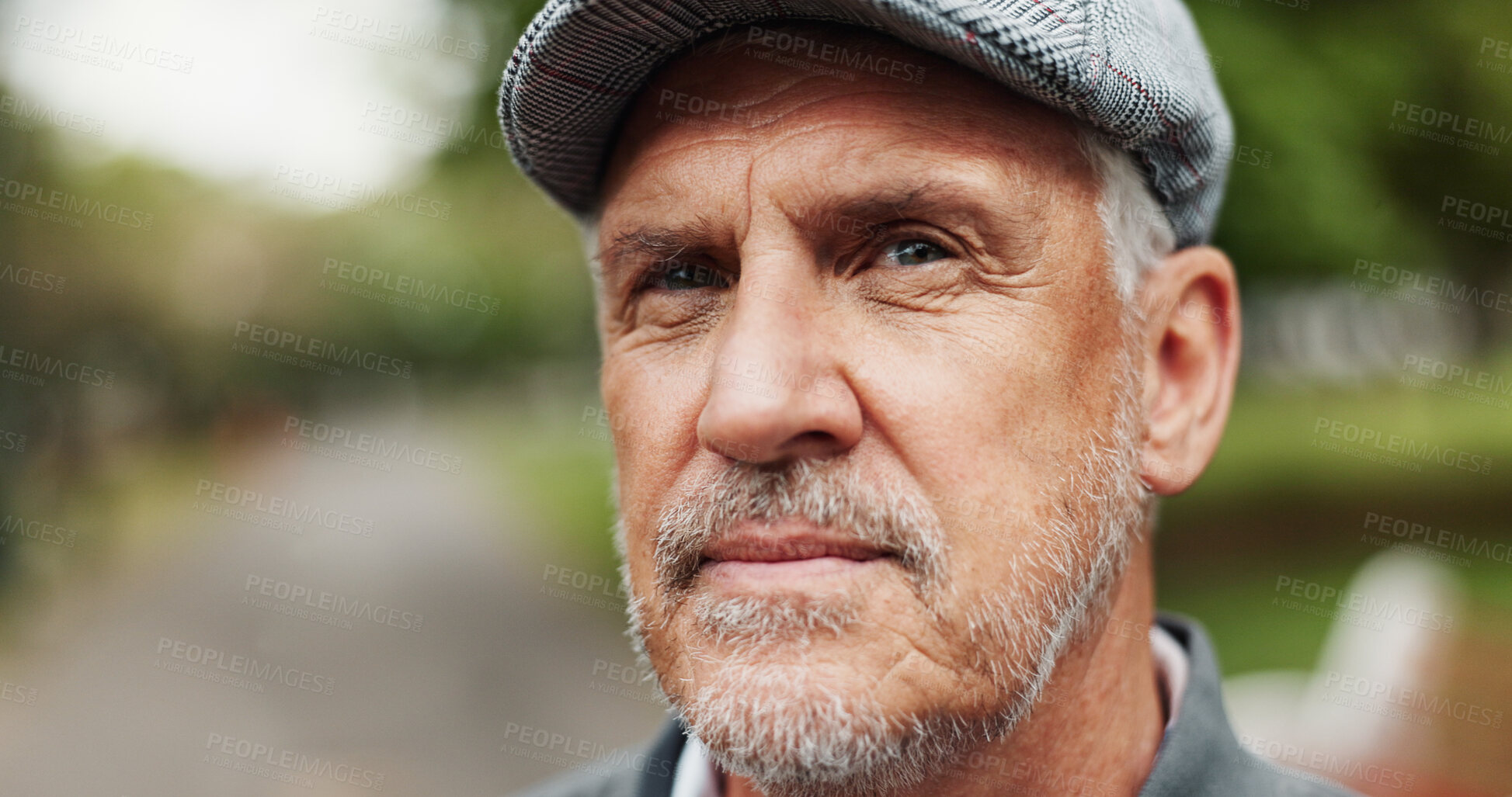 Buy stock photo Nature, mature man and thinking in closeup for vacation, travel holiday and adventure with memory. Outdoor, male person and face with thoughts for nostalgic moment, remember and reflection by zoom