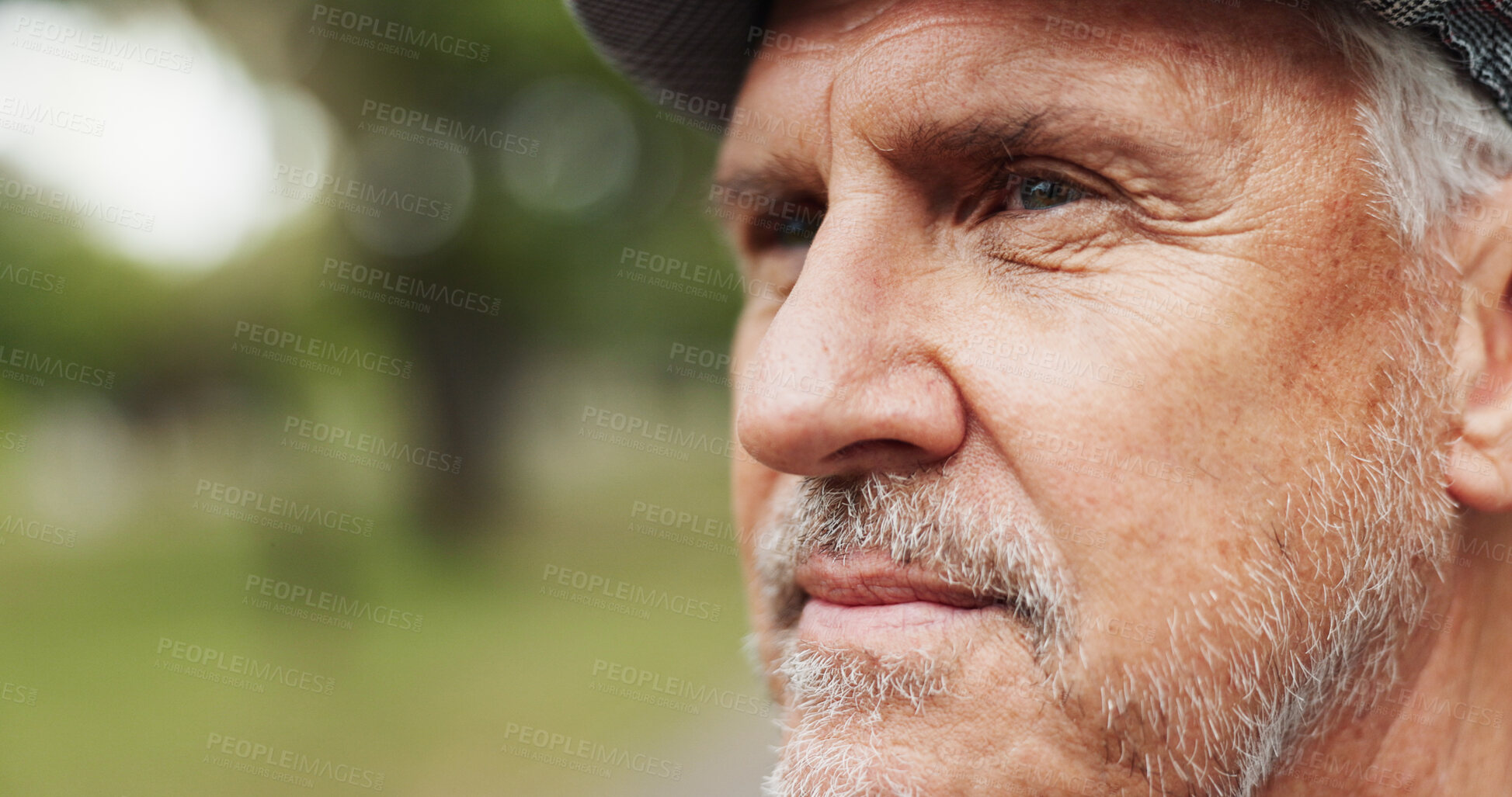 Buy stock photo Outdoor, senior man and thinking on walk for break, mental health and nostalgic. Male person, park and thoughts for retirement in nature for calm, rest and fresh air with reflecting and memories