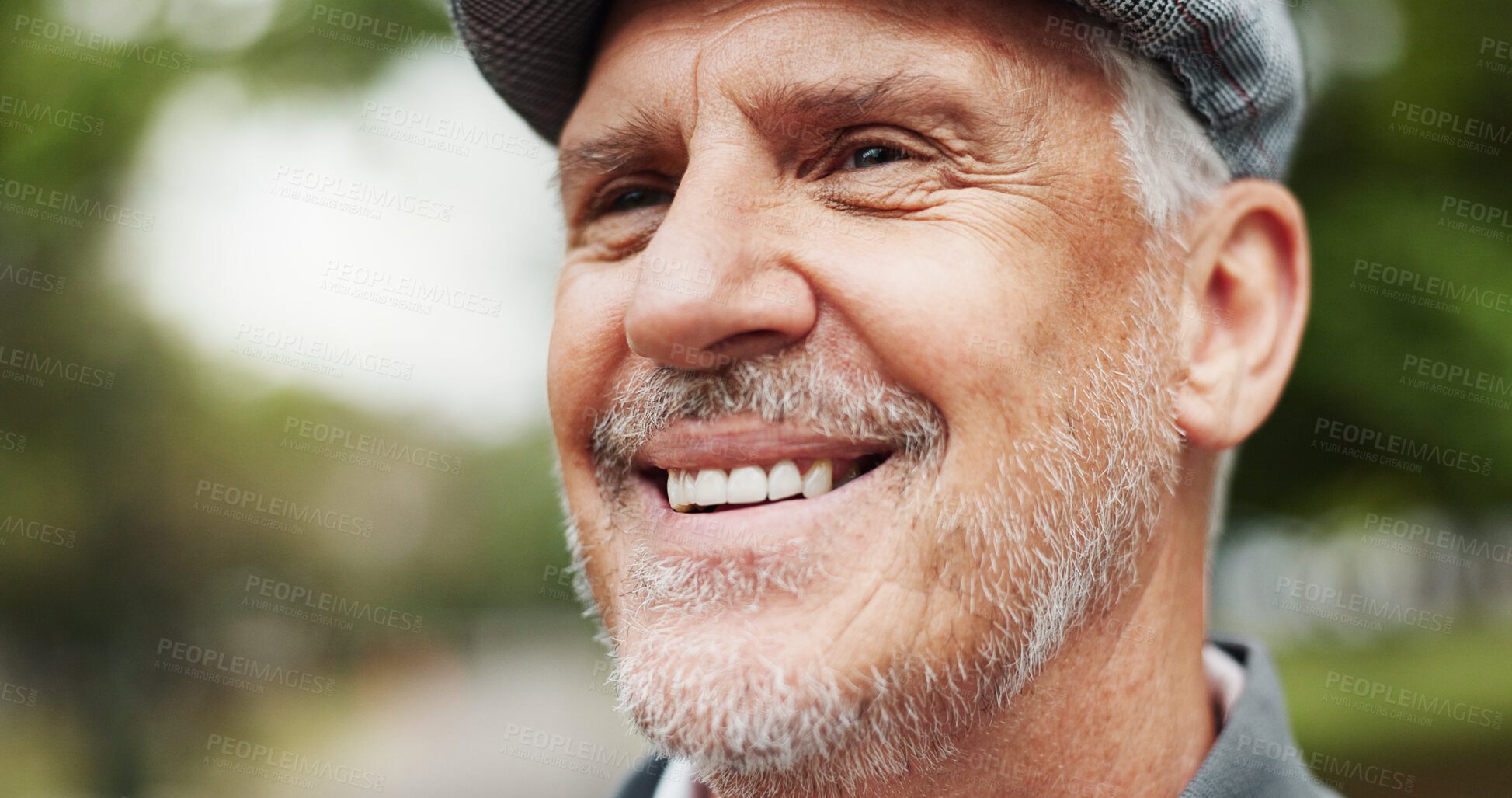 Buy stock photo Outdoor, mature man and thinking with smile for vacation, travel holiday and adventure with memory. Closeup, male person and face with thoughts for nostalgic moment, remember and reflection in nature