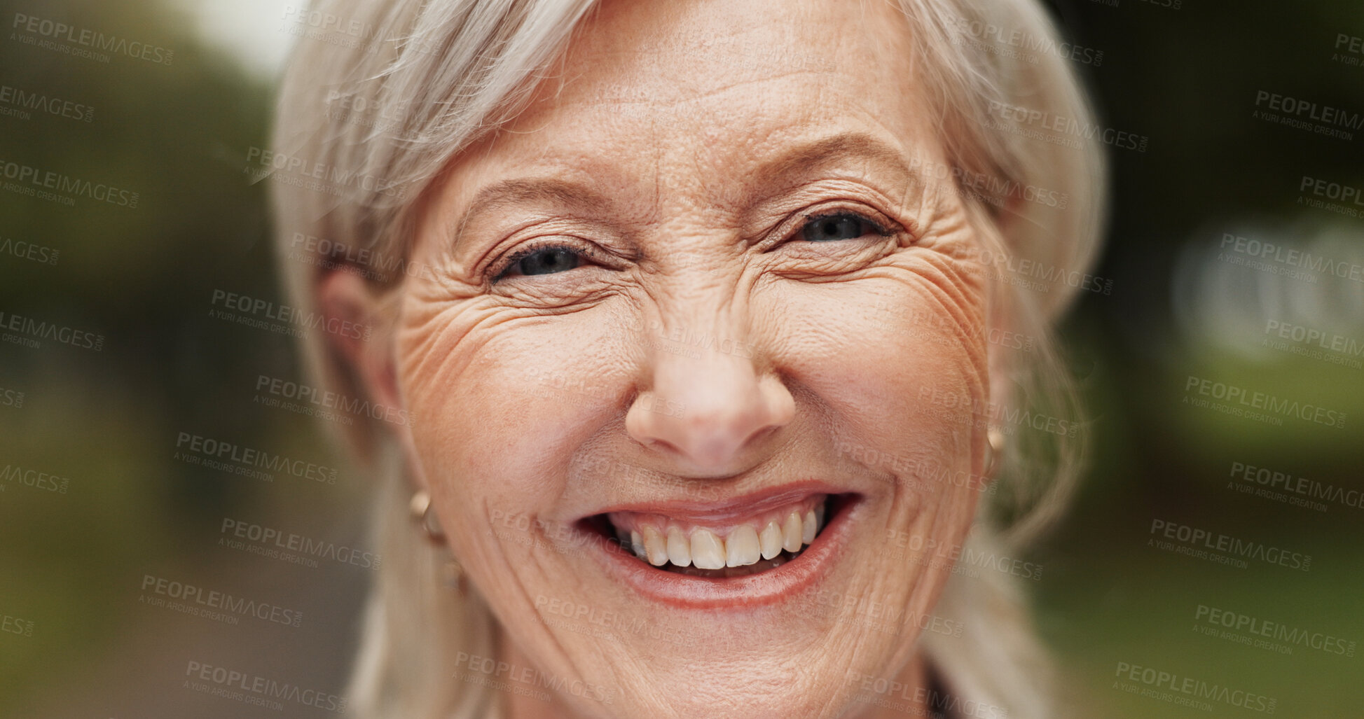 Buy stock photo Park, senior woman and happy on portrait with laughing on break, retirement and pension in Germany. Female person, pensioner and closeup with smile on confidence for relaxing, peace and calm