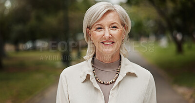 Buy stock photo Park, senior woman and smile on portrait with walk routine on break, retirement and pension in Germany. Female person, pensioner and happiness outdoor in confidence for exploring, peace and clam