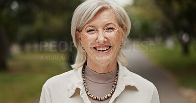 Buy stock photo Senior, woman and portrait with smile at park for retirement wellness, confidence or relax in nature. Happy person, face or walking in environment for fresh air, peaceful and travel adventure outdoor