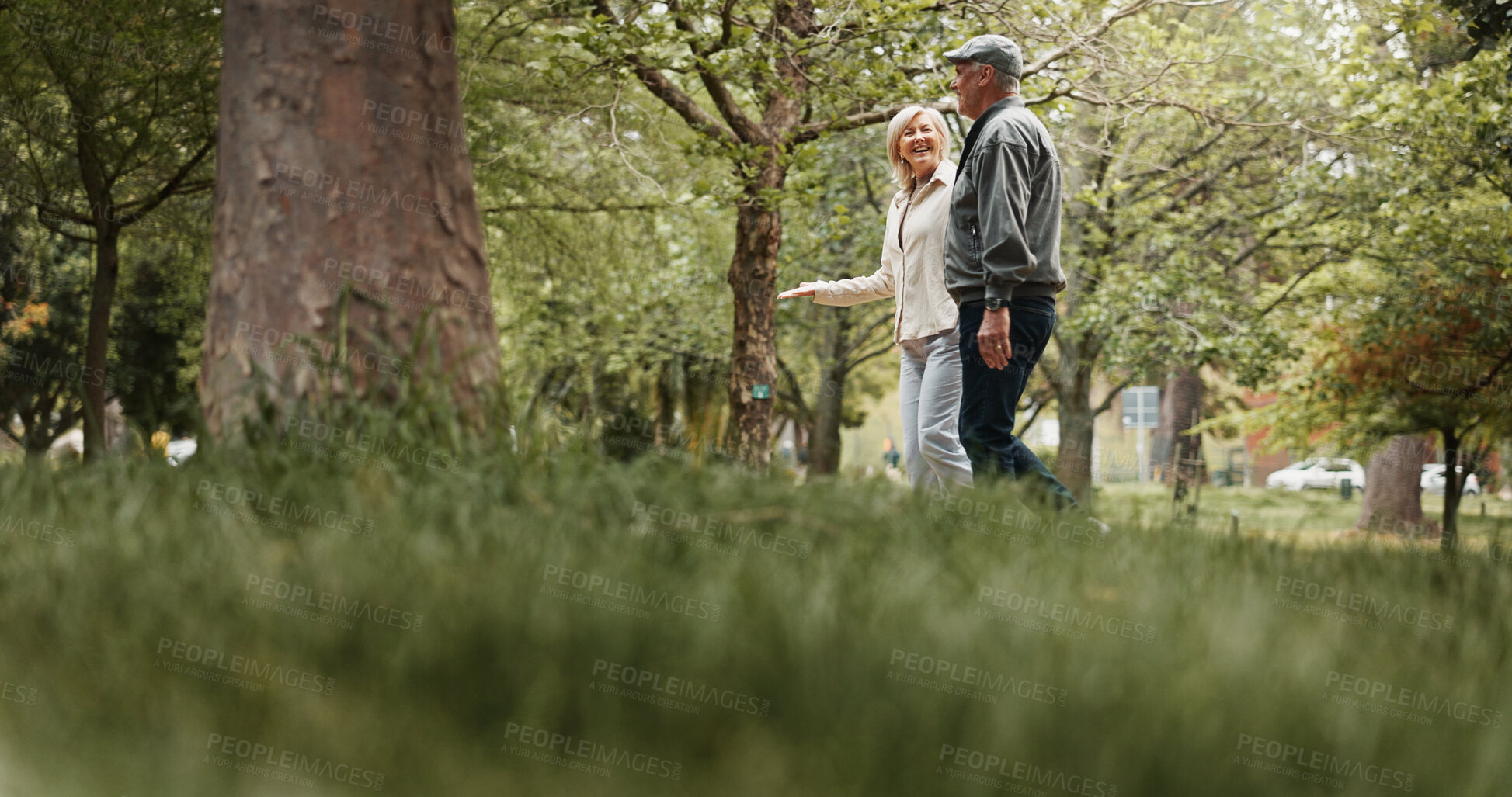 Buy stock photo Smile, love and walking with old couple in park for retirement, happiness and wellness. Support, date and romance with senior man and woman bonding in nature for partner, marriage and peace together