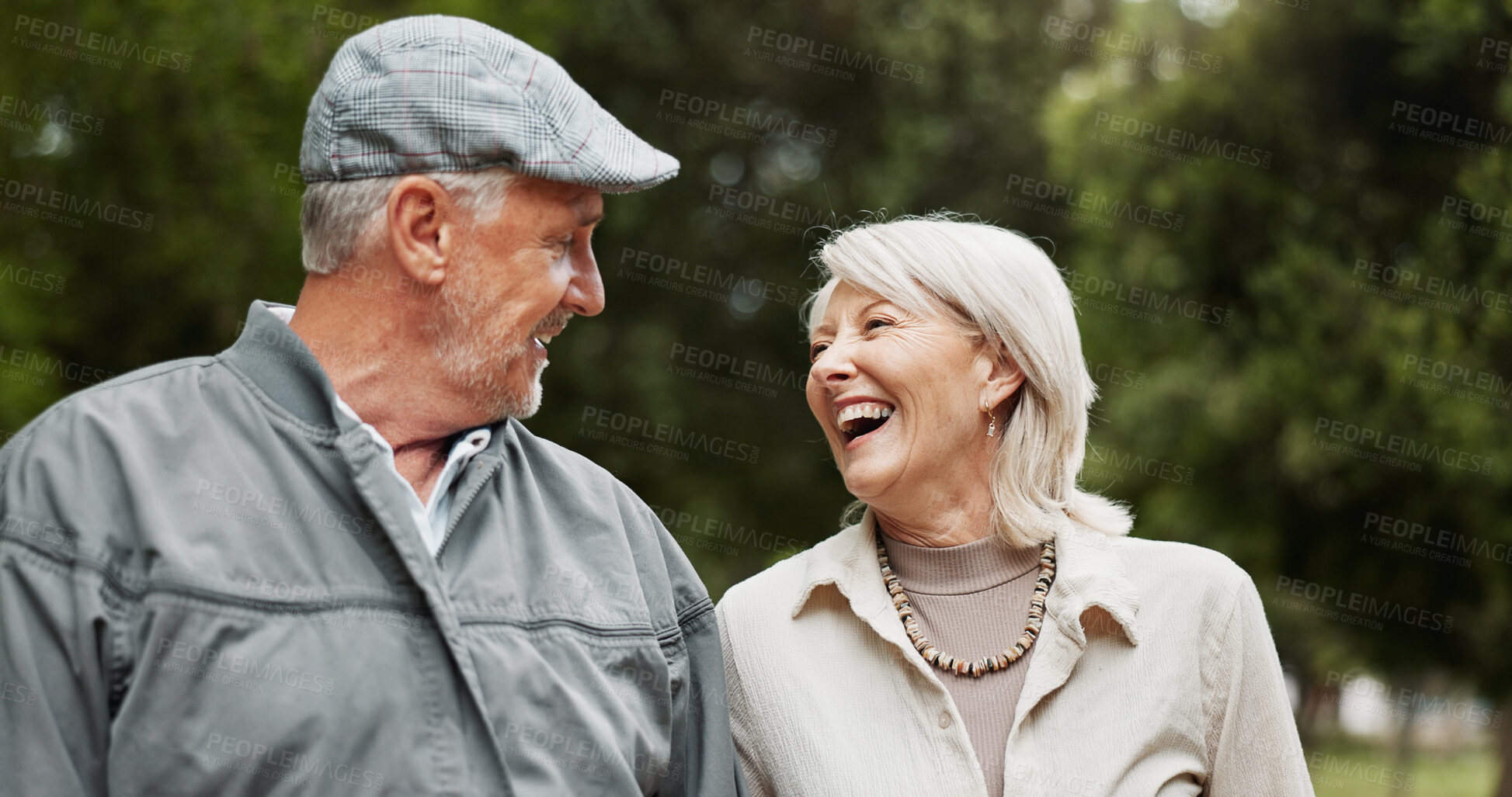 Buy stock photo Smile, love and laughing with old couple in park for retirement, happiness and wellness. Funny, date and romance with senior man and woman bonding in nature for partner, marriage and comedy together