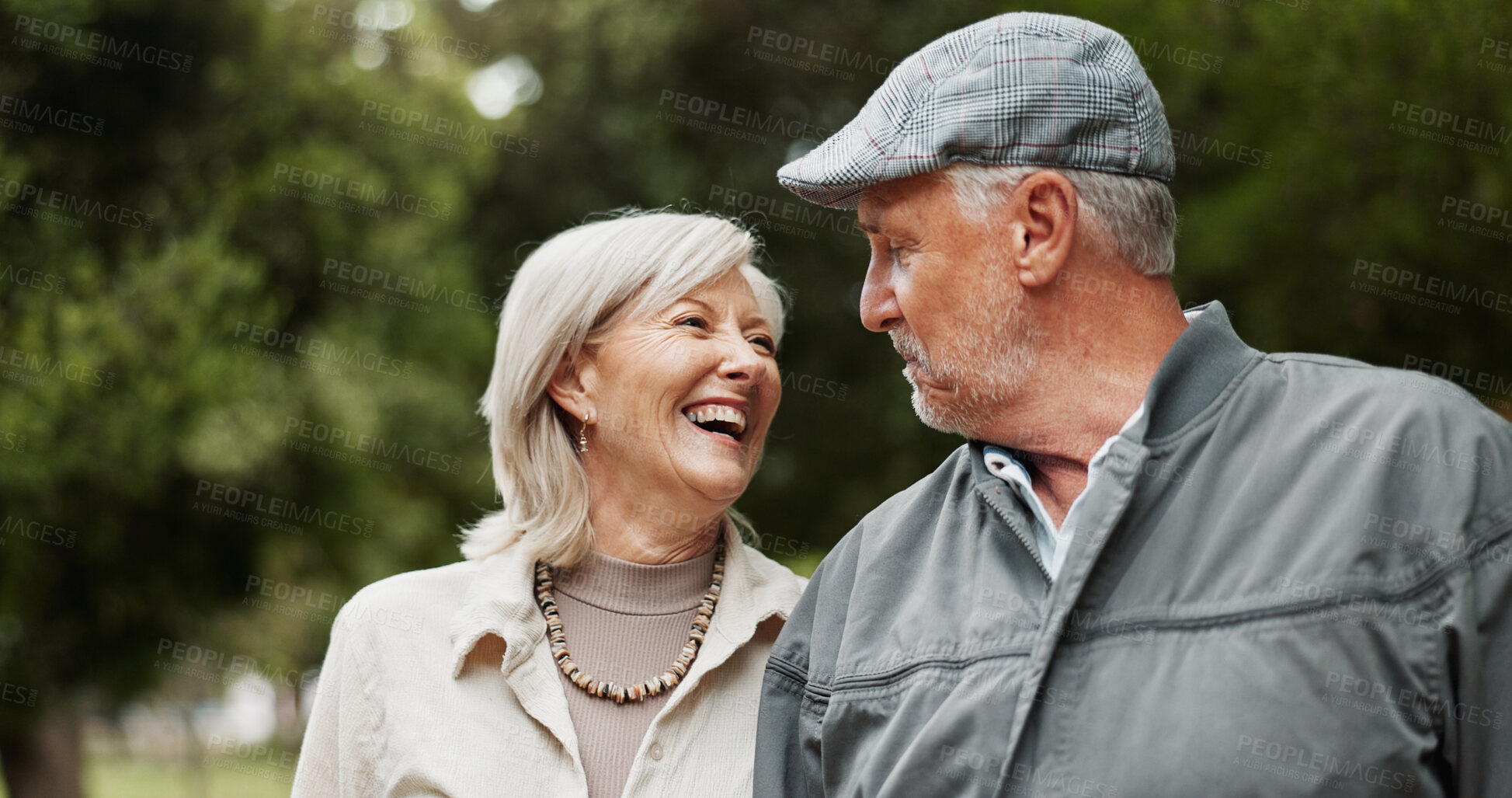 Buy stock photo Summer, love and laughing with old couple in park for retirement, happiness and wellness. Funny, date and romance with senior man and woman bonding in nature for partner, marriage and comedy together