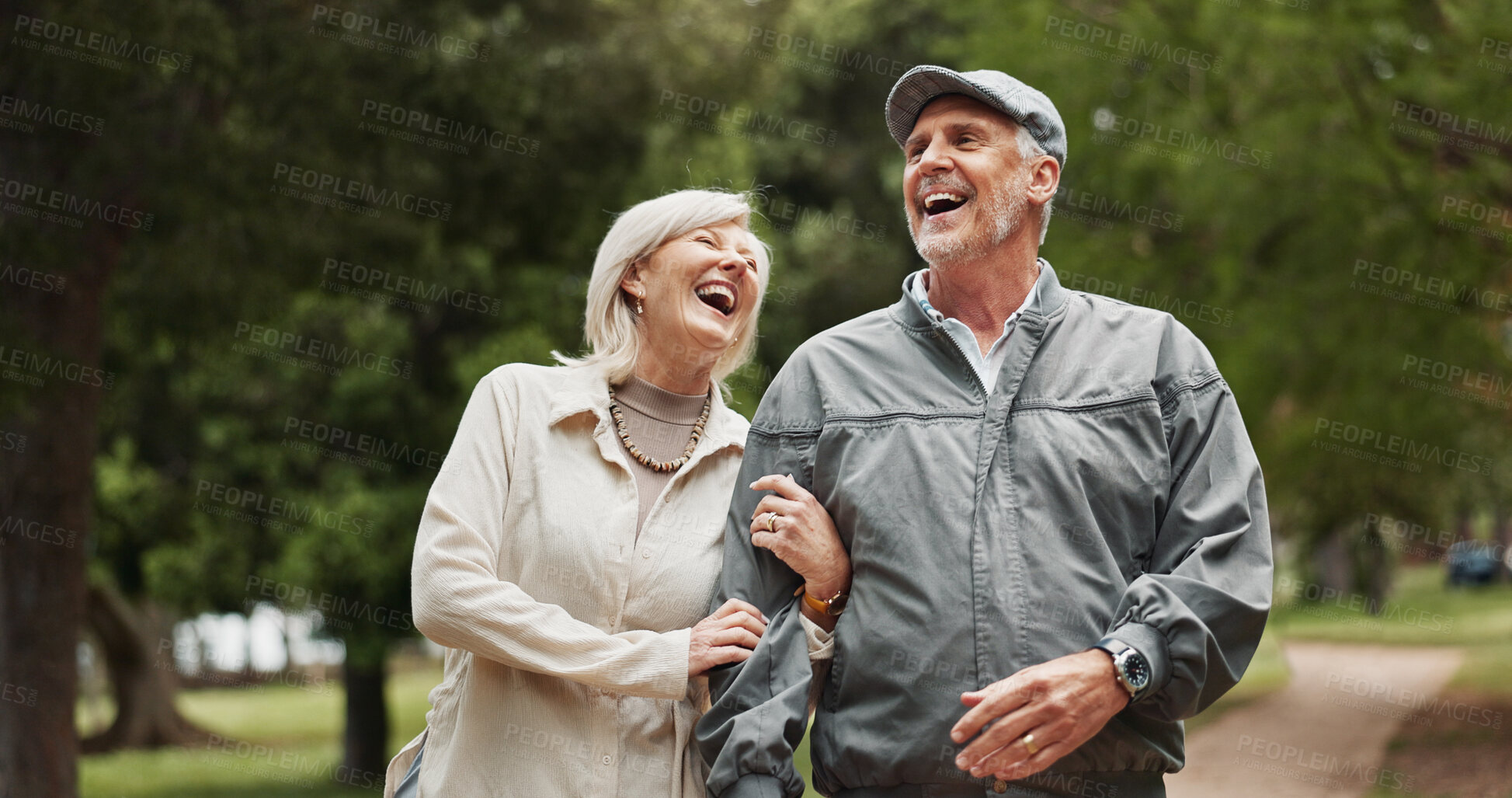 Buy stock photo Smile, love and funny with old couple in park for retirement, happiness and wellness. Laughing, date and romance with senior man and woman bonding in nature for partner, marriage and comedy together
