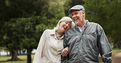 Buy stock photo Funny, love and laughing with old couple in park for retirement, happiness and wellness. Smile, date and romance with senior man and woman bonding in nature for partner, marriage and comedy together