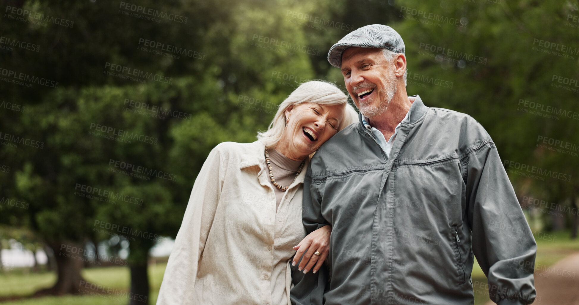 Buy stock photo Funny, love and laughing with old couple in park for retirement, happiness and wellness. Smile, date and romance with senior man and woman bonding in nature for partner, marriage and comedy together