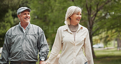 Buy stock photo Smile, love and holding hands with old couple in park for retirement, happiness and wellness. Support, date and romance with senior man and woman walking for partner, marriage and peace together
