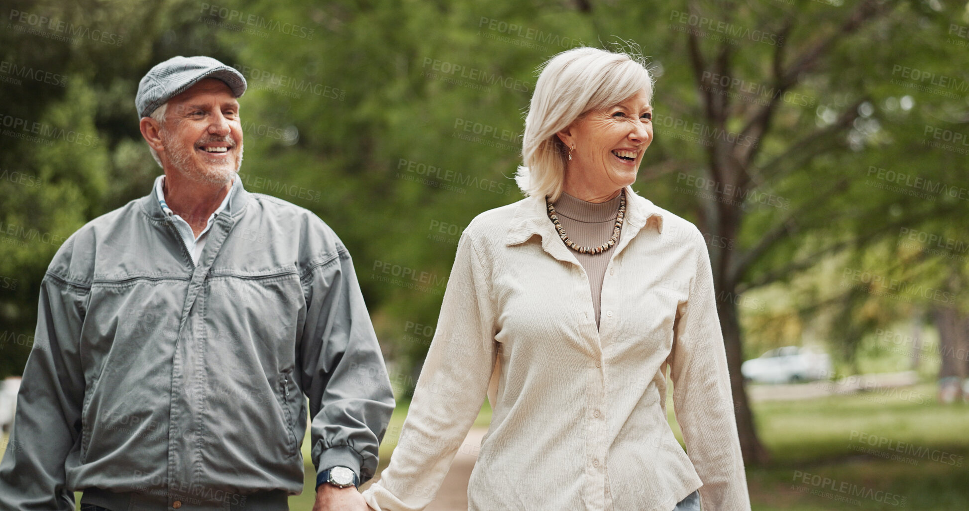 Buy stock photo Smile, love and holding hands with old couple in park for retirement, happiness and wellness. Support, date and romance with senior man and woman walking for partner, marriage and peace together
