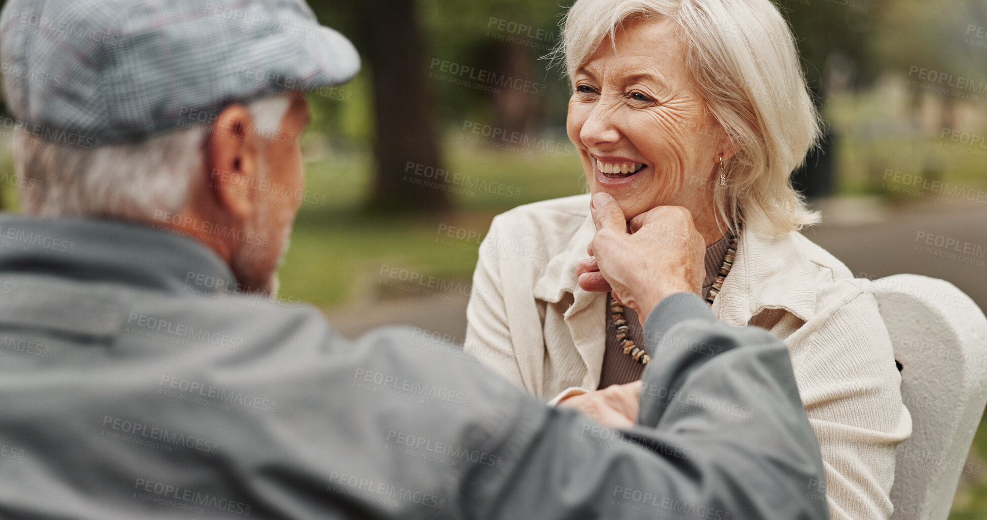 Buy stock photo Mature couple, laughing and outdoor in nature for bonding, relationship or nostalgia with happiness. Woman, man and fun for relax, break and rest in park for calm, environment or fresh air on weekend