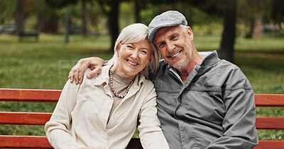 Buy stock photo Mature couple, hug and portrait in park for bonding, conversation and commitment together outdoors. Retirement, marriage and elderly man and women in nature on bench for love, care and connection