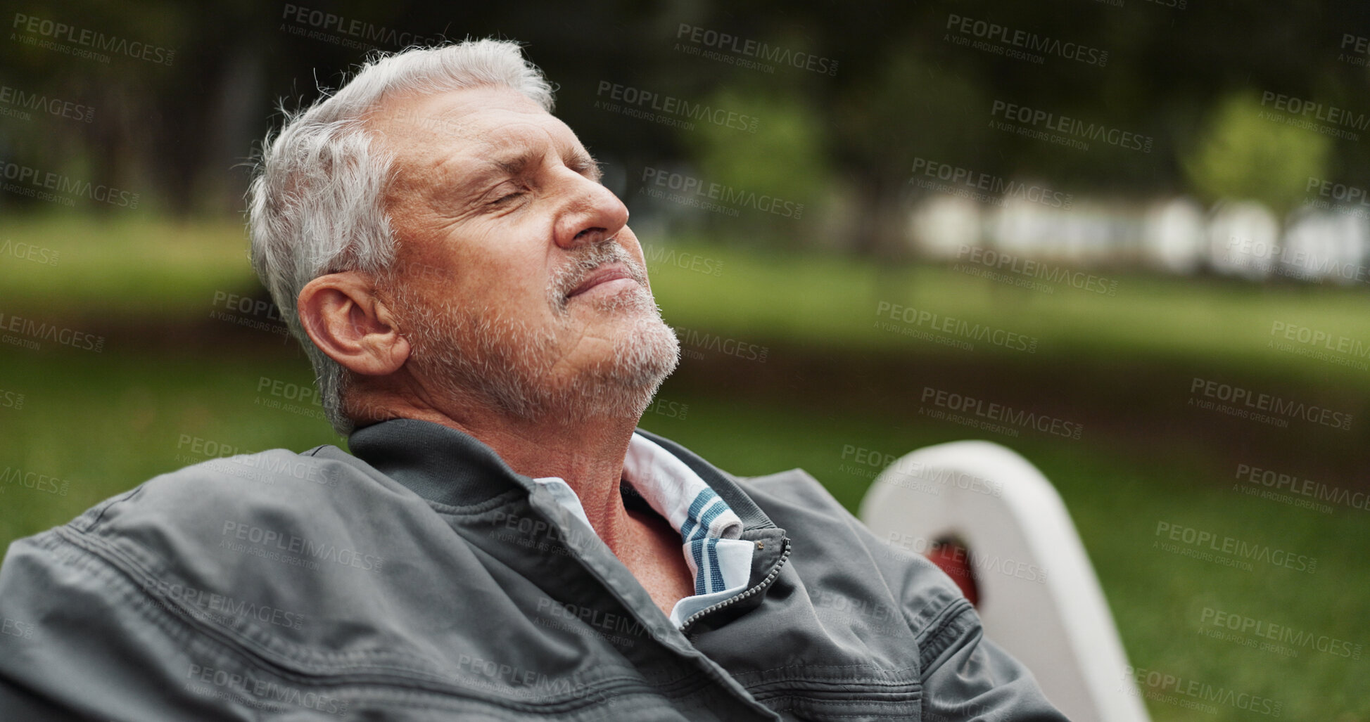 Buy stock photo Mature man, thinking and outdoor in park for memory, reflection and nostalgia with confidence. Male person, pride and relax for break or peace in nature for calm, environment and fresh air on weekend