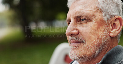 Buy stock photo Mature man, thinking and outdoor in nature for memory, reflection or nostalgia with confidence. Male person, remember and relax on break or peace in park for calm, environment or fresh air on weekend