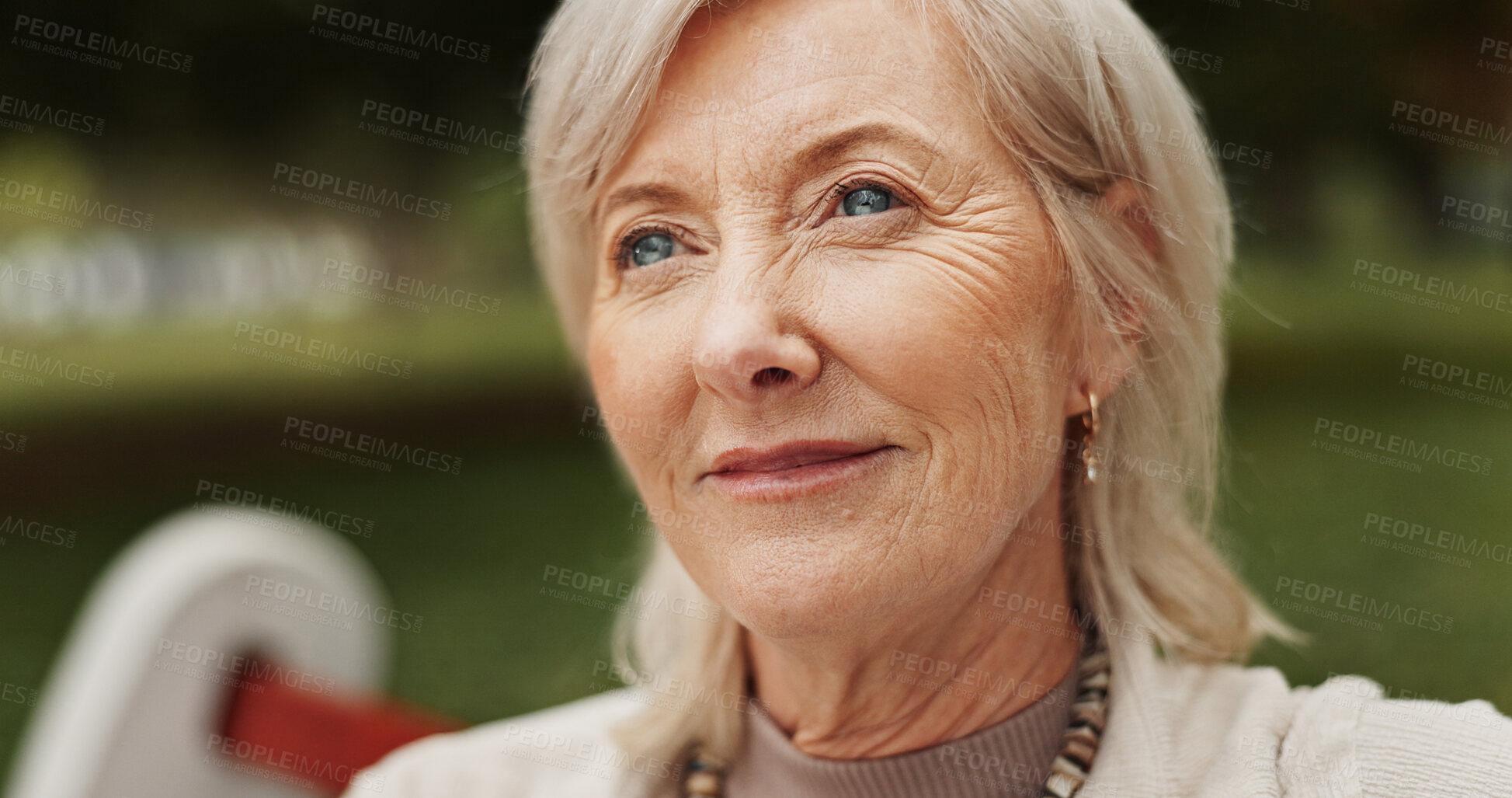 Buy stock photo Mature woman, thinking and outdoor in park for memory, reflection and nostalgia with happiness. Female person, smile and relax on break or rest in nature for calm, environment or fresh air on weekend