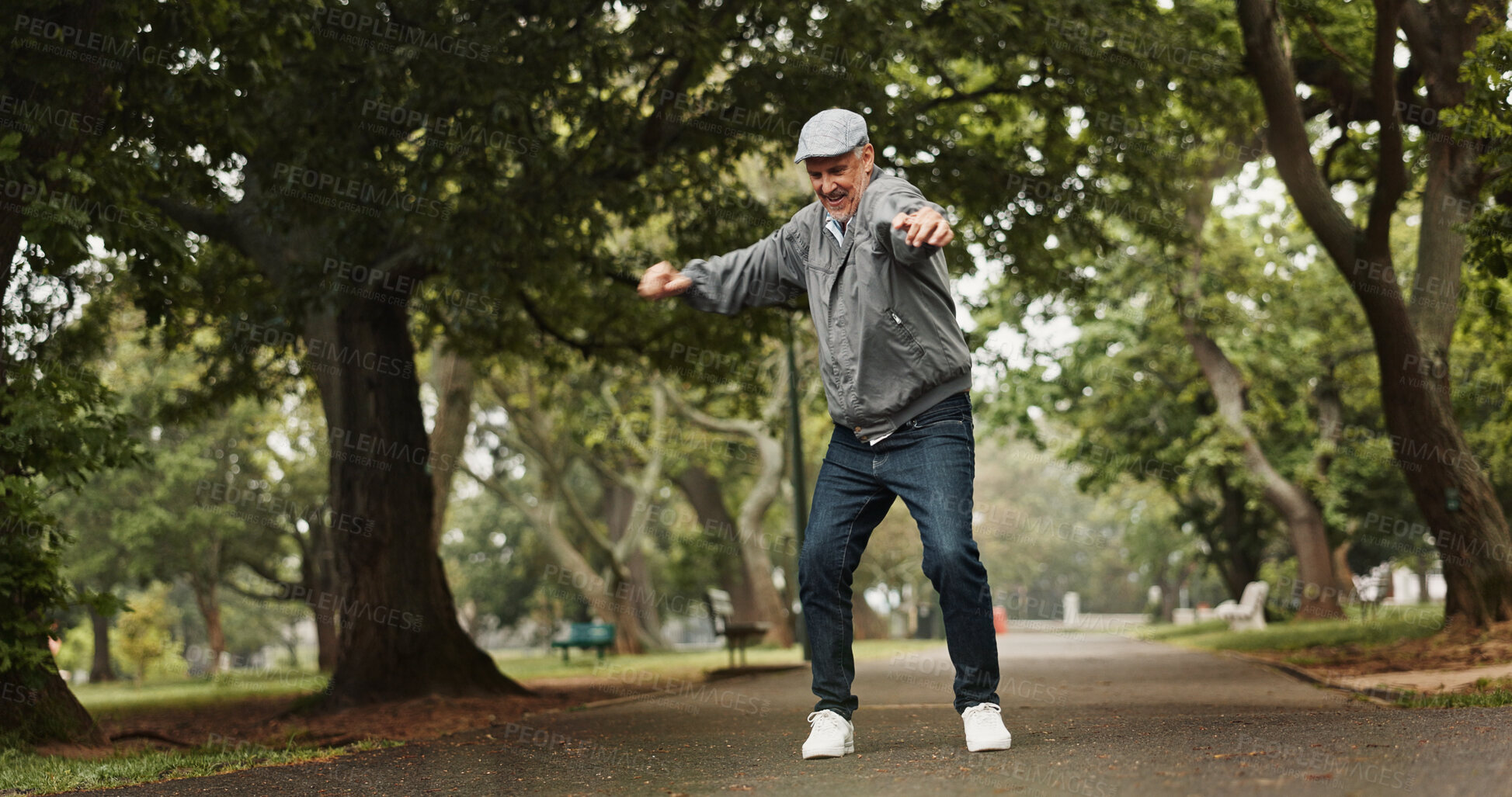 Buy stock photo Dance, energy and bonus with old man in park for winner, announcement and freedom. Achievement, success and happiness with senior person and celebration for retirement, good news and confidence 