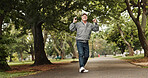 Senior, happy man and dancing with phone at park for good news, winning or celebration in retirement. Mature, excited or male person with mobile smartphone for prize, pension or free time in nature