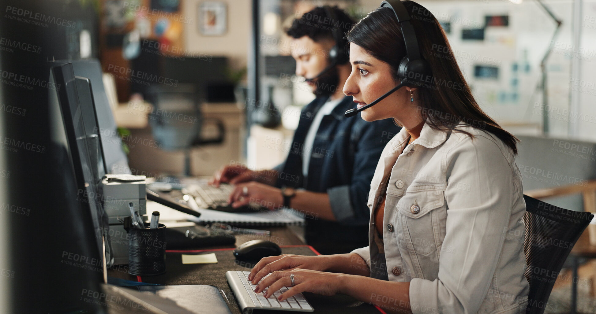 Buy stock photo Business people, consultants or call center with headphones for tech support, web navigation or assistance at office. Agents, employees or colleagues on computer for online advice or customer service