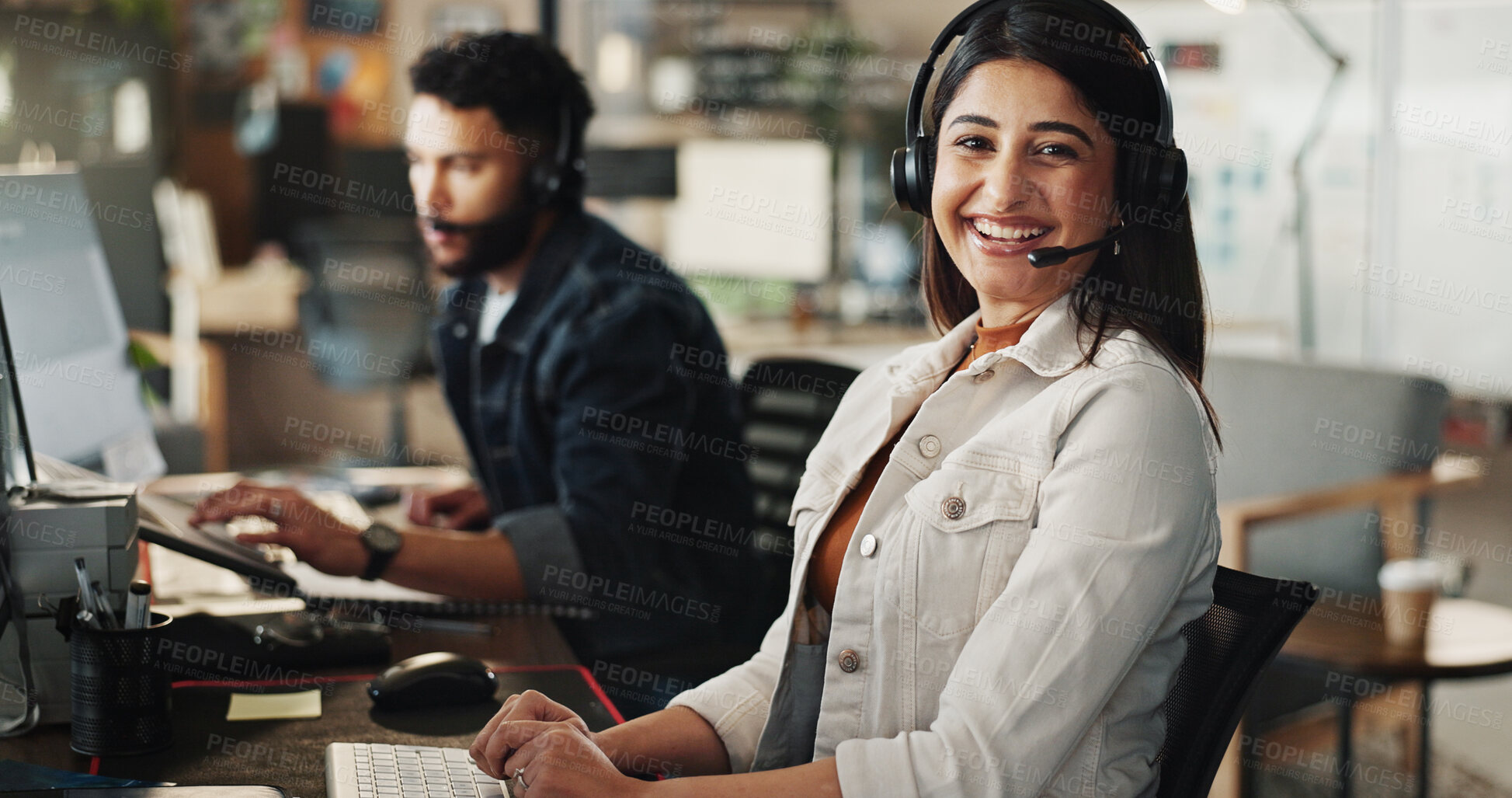 Buy stock photo Business woman, portrait and consultant with headphones for desktop support, web or tech assistance at call center. Female person, agent or operator on computer with smile for online customer service
