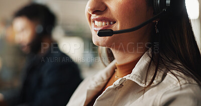 Buy stock photo Happy woman, mouth and consultant with headphones at call center for customer support, telemarketing or online help. Closeup, female person or agent with smile or mic for advice, CRM or communication