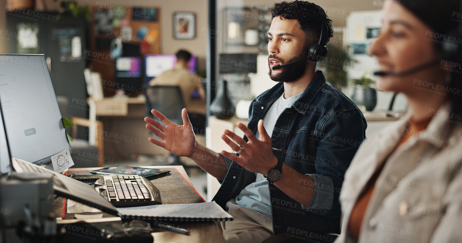 Buy stock photo Businessman, consultant or tech support with headphones at call center for web navigation or technical service. Male person, agent or employee talking on computer for online advice or troubleshooting