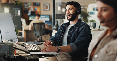 Buy stock photo Headset, technical support and man in coworking office with help, online advice and website management. Virtual assistant, customer service and happy IT consultant at computer with smile at agency