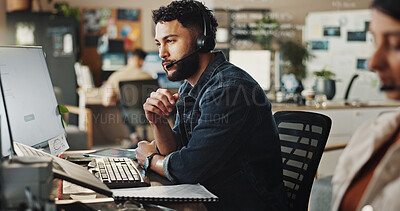 Buy stock photo Headset, tech support and man in call center with computer, online advice and website management. Virtual assistant, customer service or IT consultant in coworking space with help, discussion and crm
