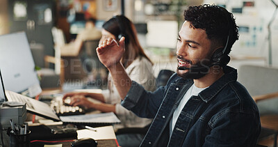 Buy stock photo Headset, tech support and man in office with discussion, online advice and website management. Virtual assistant, customer service agent and IT consultant on call with computer, help and sales pitch