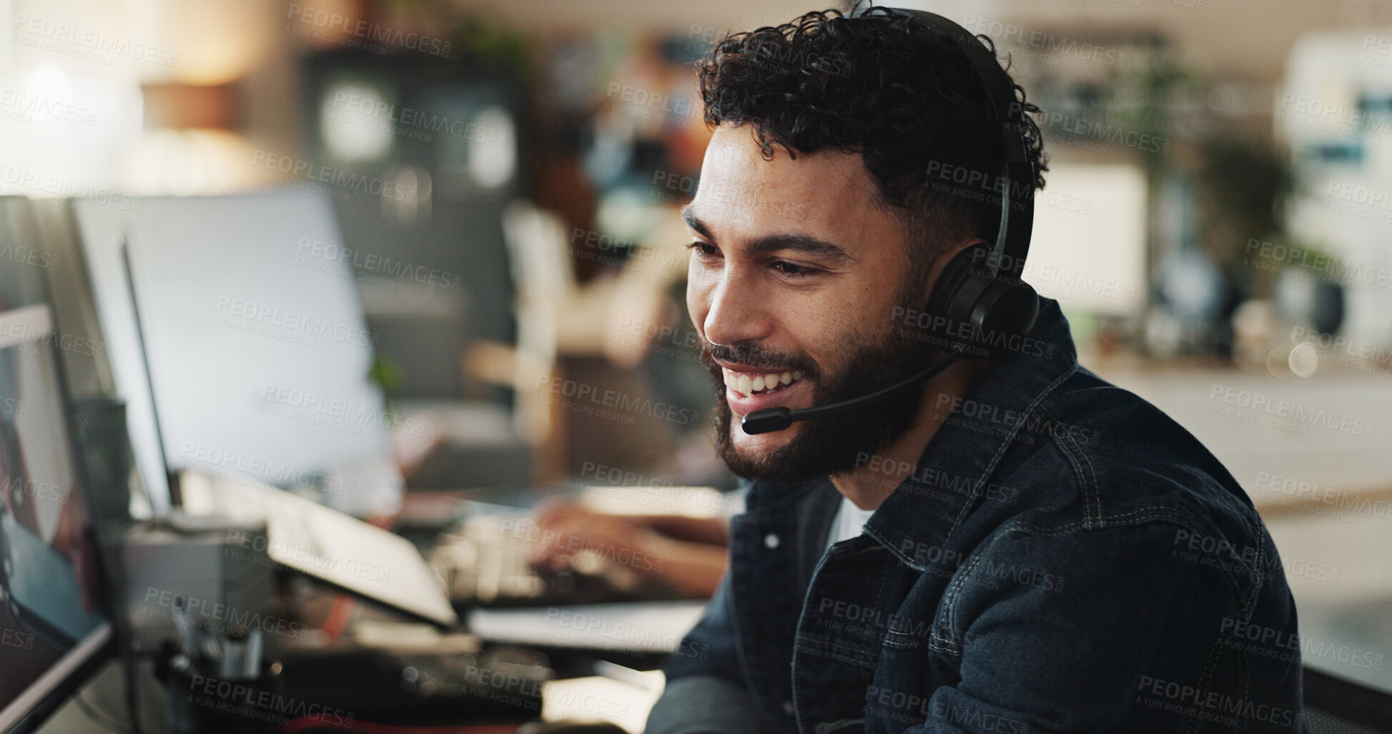 Buy stock photo Headset, technical support and man in office with smile, online help and website advice at crm agency. Virtual assistant, customer service and IT consultant on call with contact, sales offer or pitch