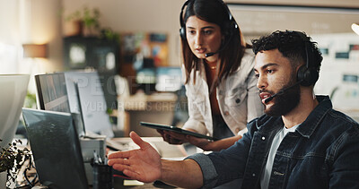 Buy stock photo Advice, woman and man in tech support with headset, online help and website connection problem. Manager, customer service and frustrated IT consultant with laptop, tablet and teamwork at call center