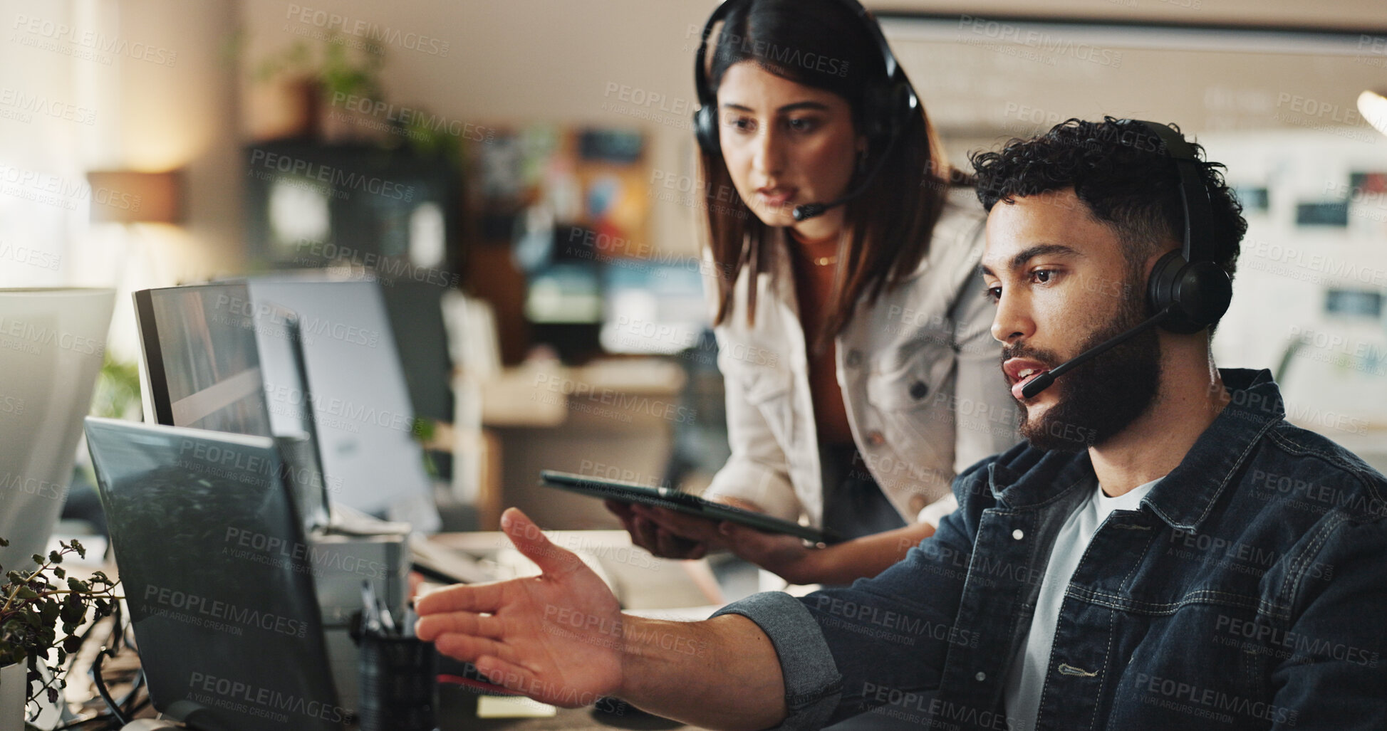 Buy stock photo Advice, woman and man in tech support with headset, online help and website connection problem. Manager, customer service and frustrated IT consultant with laptop, tablet and teamwork at call center