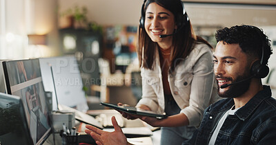 Buy stock photo Advice, woman and happy man in tech support with headset, online help and website application. Manager, customer service and IT consultant at desk with computer, tablet and teamwork at call center