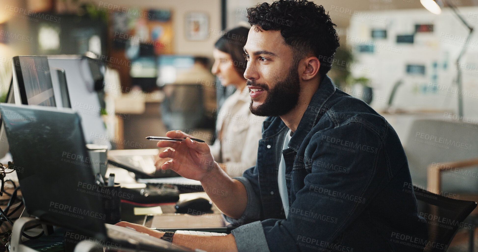 Buy stock photo Research, reading and computer with business man in office for planning, project management and report. Website developer, typing and online with person in tech startup for digital and review