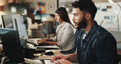 Buy stock photo Research, online and computer with business man in office for planning, project management and report. Website developer, typing and reading with person in tech startup for digital and review