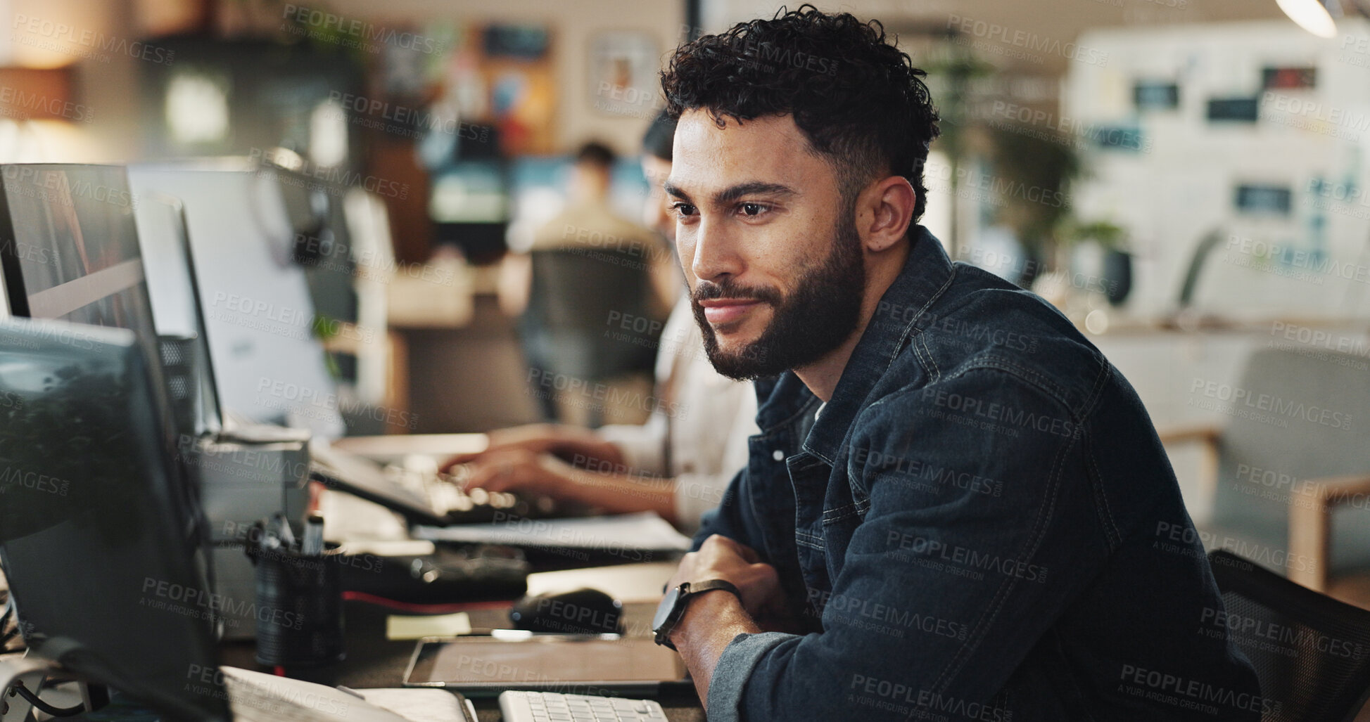 Buy stock photo Business, computer and man in office, online reading for project and research for article. People, employee and journalist with pc, copywriting and problem solving for proposal and email notification