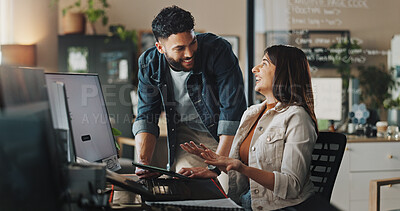 Buy stock photo Creative, advice and business people with computer, discussion or planning at digital agency. Teamwork, happy man and woman in office for web design, programming or help in software development