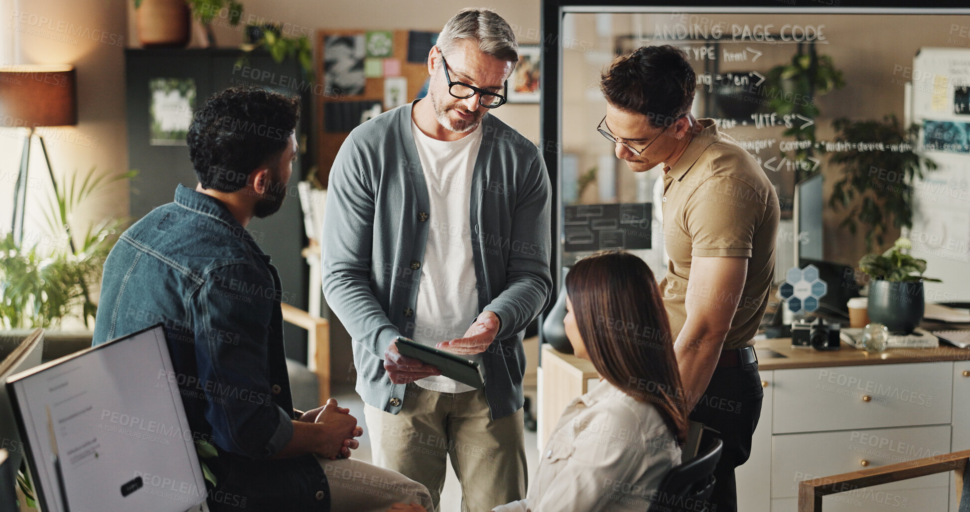 Buy stock photo Diversity, group of people and tablet in web design for collaboration, brainstorming or planning. Teamwork, discussion and technology for project management, employee engagement and business proposal