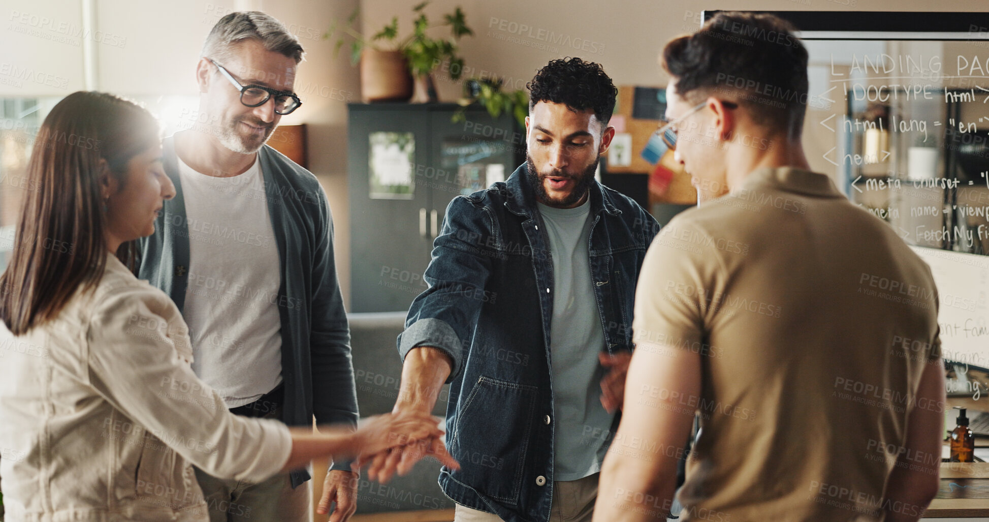 Buy stock photo Diversity, group of people and team building in office for collaboration, brainstorming and planning. Hands together, discussion and meeting for motivation, employee engagement and problem solving