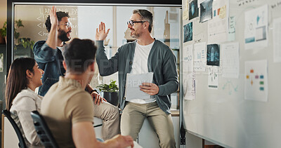 Buy stock photo Mentor, high five and brainstorming with business people in meeting for coding workshop, cyber security and success. Collaboration, support and teamwork with group of developers in tech startup